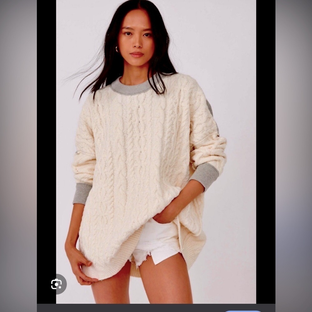 New Free People Olympia Cableknit sweater grey cream casual boho casual winter